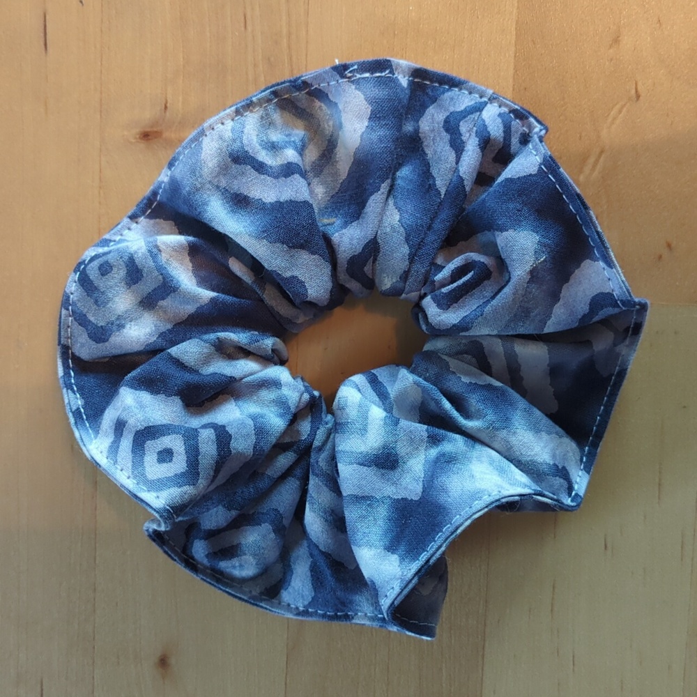 Blue Batik Geometic scrunchie elastic ponytail hair accessory OOAK
